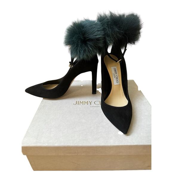 NEW Jimmy Choo Black Rosa 100 Fox Fur Pom-pom Suede D'orsay Ankle-strap Pumps 38